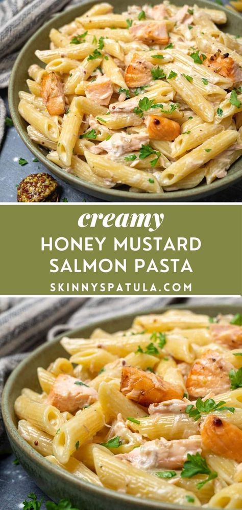 Creamy Honey Mustard Salmon Pasta Pasta Sides For Salmon, Salmon With Noodles Recipes, Easy Salmon Pasta Recipes, Honey Mustard Chicken Pasta, Salmon And Pasta Recipes Healthy, Honey Mustard Pasta Salad, Mustard Pasta Sauce, Canned Salmon Pasta Recipes, Salmon Pasta Recipes Creamy