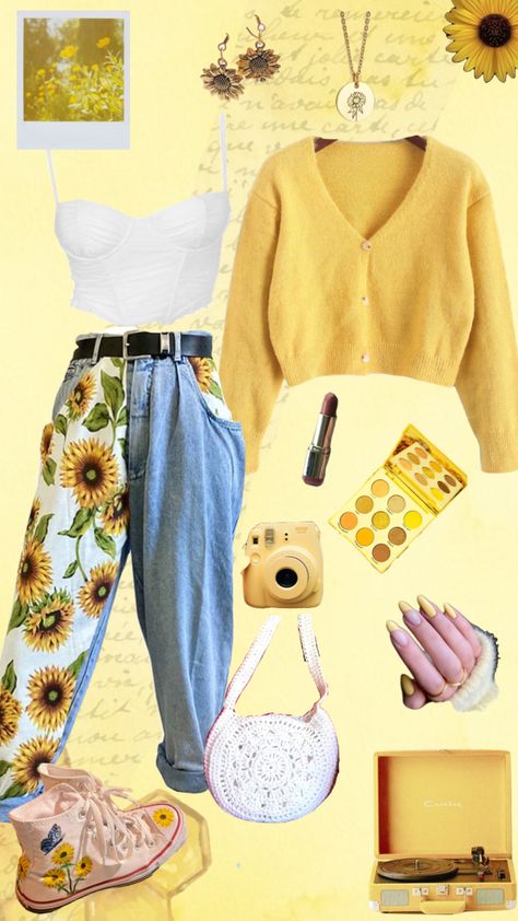 Sunflower Aesthetic Clothes, Cottagecore Outfits With Jeans, Sunny Aesthetic Outfits, Sunflower Aesthetic Outfit, Sunflower Inspired Outfit, Cottagecore Aesthetic Clothing, Yellow Cottagecore Outfits, Honey Core Outfits, Warm Spring Outfit Ideas