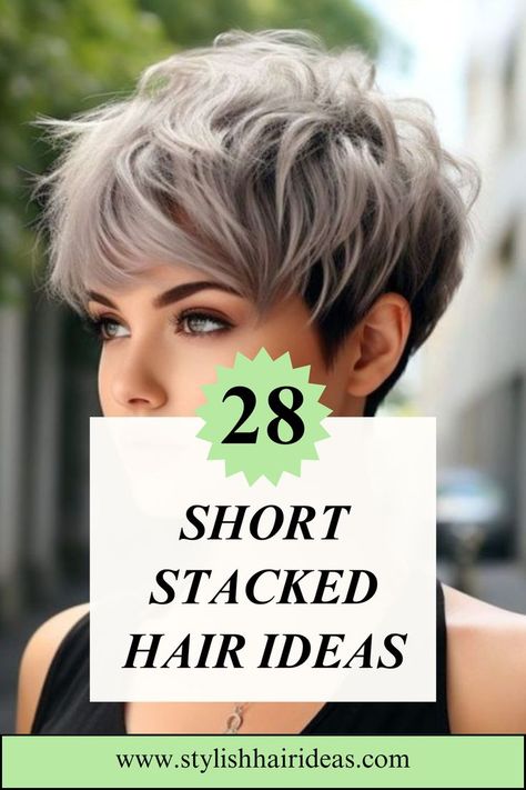 Ideal for adding body and style, these cuts are perfect for any occasion and are sure to turn heads. #ShortStackedHair #ChicStyles #HairInspo Short Bob Hairstyles Stacked, Chin Length Stacked Hair, Stacked Short Bob Haircut, Stacked Hair Cut, Short Hair Highlights And Lowlights Pixie, Pixie Tapered Back, Short Stacked Hair Older Women Layered Bobs, Short Stacked Pixie Haircut, Stacked Back Haircut