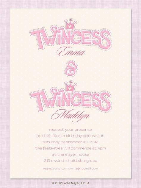 Twincess Birthday Invitation for Twin Girls, Princess. Twin Birthday Themes, Twin Birthday Cakes, Girls 3rd Birthday, Twin Birthday Parties, Wedding Invitations Save The Date, Girl Bday Party, Twins Birthday, Twins 1st Birthdays, Baby Twins