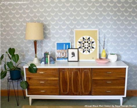 Get the Look: Tribal Modern Mid Century DIY Home Decorating Ideas - Painting with Wall Stencils and Furniture Stencils from Royal Design Studio Small Scale Furniture, Mid Century Room, Wall Paint Patterns, Royal Design Studio Stencil, Mid Century Dresser, Stenciled Floor, Stencil Furniture, Wall Stencil, Wall Stencils