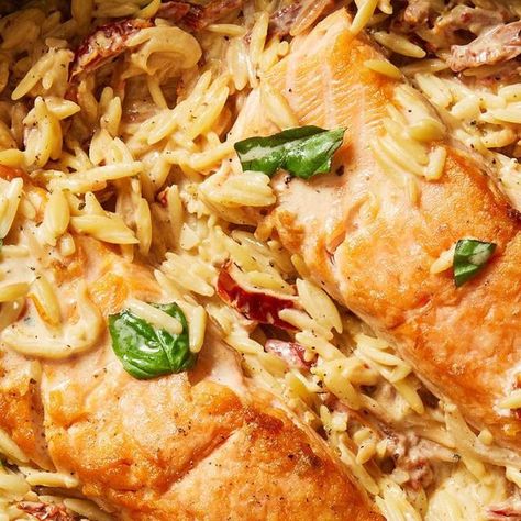 Delish on Instagram: "If we had to make ONE dish for the rest of our lives...it'd be this Creamy Sundried Tomato Salmon & Orzo—a BOLD statement, we know. That sauce is just unbeatable and when you sear that salmon just right, a little magic happens 😍 Get the recipe at the link in bio. 📷 @erikesque 📝 @laurarege🍴 @makinze" Creamy Sun Dried Tomato Salmon And Orzo, Sun Dried Tomato Salmon, Salmon And Orzo, Salmon Orzo, Sundried Tomato, Scalloped Potatoes, Orzo, Sun Dried, Sun Dried Tomato