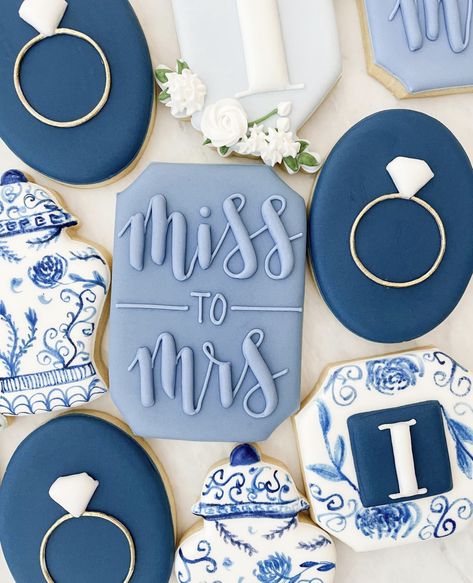 Kitchen Tea Cookies Decorated, Blue White Engagement Decor, Blue And White Cookies Decorated, Something Blue Shower Favor, Navy Blue Wedding Cookies, Navy And White Bridal Shower Ideas, White And Blue Engagement Party, Hues Of Blue Wedding, Light Blue Cookies