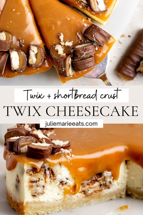 Chocolate Bar Cheesecake, Twix Cheesecake Bars, Kitkat Cheesecake Recipes, Crazy Cheesecake Recipes, Cheese Cakes Design Ideas, Twix Cheesecake No Bake, Sugar Cookie Cheesecake Recipe, No Bake Twix Cheesecake Recipes, Twix Dessert Recipes