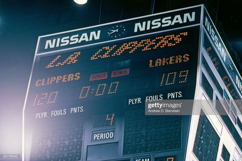 A general view of the scoreboard after the game between the Los Angeles Lakers and Los Angeles Clippers in 1986 at the Los Angeles Memorial Sports Arena in Los Angeles, California. Basketball Scoreboard, Sports Arena, Basketball Leagues, Los Angeles Clippers, National Basketball Association, Los Angeles Lakers, Los Angeles California, Stretching, The Game