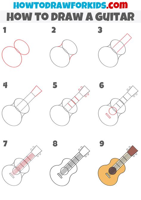 How to Draw a Guitar Step by Step - Easy Drawing Tutorial For Kids Draw Guitar Easy, Drawing A Guitar, Draw A Guitar, How To Draw A Guitar Easy, How To Draw Musical Instruments, Guitar Drawing Easy Step By Step, Guitar Drawing Tutorial, Guitar Drawing Step By Step, How To Draw Music