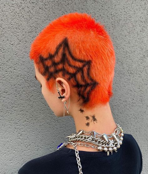 feeling spooky today 🕷🕸😳🧡 Halloween Hair Dye, Web Design Black, Shaved Head Designs, Egg Head, Hair Colour Design, Spider Web Design, Funky Hair, Buzzed Hair, Shaved Hair Designs