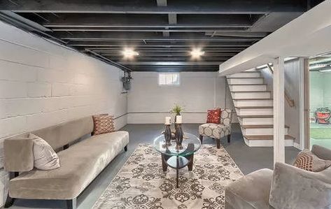 How To Update Your Unfinished Basement On A Budget Unfinished Basements, Cheap Basement Remodel, Finished Basement Designs, Low Ceiling Basement, Basement Decoration, Unfinished Basement Ideas, Women Cave, Dream Basement, Basement Layout