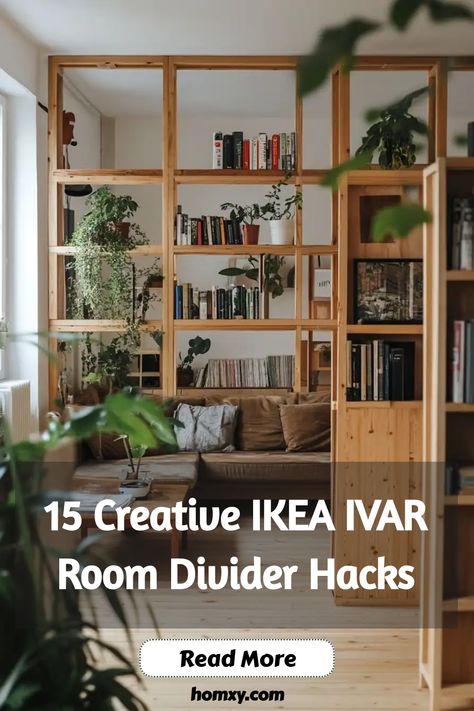 Discover endless possibilities with these creative IKEA IVAR room divider hacks! Transform your space with unique IKEA IVAR room divider ideas that are functional and stylish. Whether you want to section off a small studio apartment or add personality to an open floor plan, the IKEA IVAR room divider offers a customizable solution for any room. Explore design inspirations and DIY tips to customize your own IKEA IVAR room divider hack today! Using Cabinets As Room Divider, Ikea Hack Room Divider Bookshelves, Ikea For Small Spaces, Ikea Ivar In Kitchen, Creating A Room Divider Small Spaces, Studio Wall Divider Ideas, Beauty Salon Room Divider Ideas, Ikea Ivar Mid Century, Scandinavian Room Divider