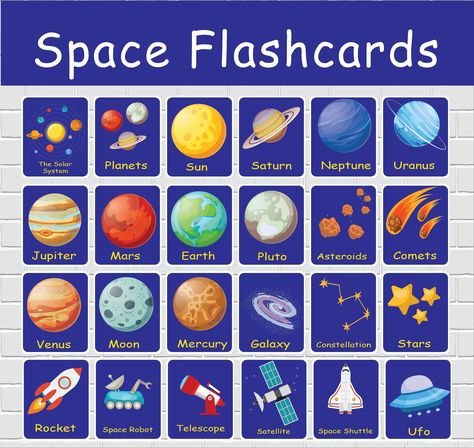 Space Flashcards, Earth And Solar System, Comets And Asteroids, Space Preschool, English Lab, Manga Eyes, Baby Play Activities, English Phonics, Toddler Quiet Book