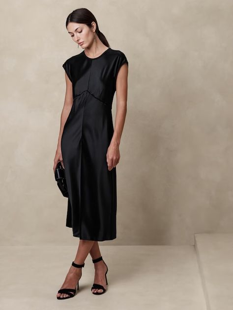 Women's Clothing - Shop New Arrivals | Banana Republic Midi Wedding Dress, Black Attire, Work Dresses, Silky Dress, High Waist Fashion, Silk Midi Dress, Silk Charmeuse, Black Midi Dress, Guest Dresses