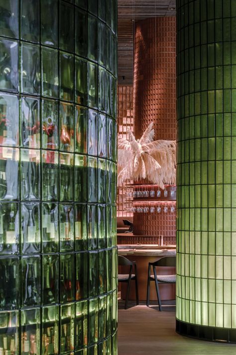 Inside a Bucolic Restaurant in Ukraine's Emily Hotel Concept Restaurant, Exterior Tiles, Maximalist Design, Glass Brick, Restaurant Concept, Glazed Tiles, Glass Tiles, Glass Blocks, Hotel Design