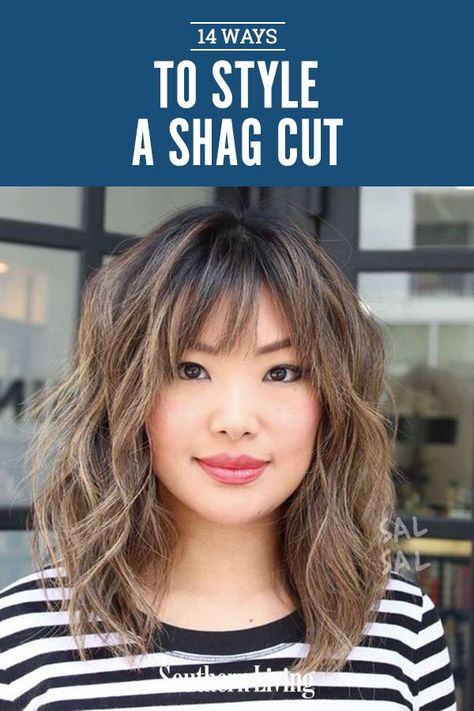 The best way to get started styling a shag haircut is to use a great mousse while the hair is wet to encourage texture, but apply a smoothing oil or serum once almost dry for a slightly sleeker look. #shaghairstyles #howtostyleshagbangs #shaghaircuts #modernshag #southernliving Medium Shag Haircuts Wavy Hair, Pretty Shag Haircut, Shag On Wavy Hair, Wash And Go Shag Hairstyles, Shattered Layers Medium, Shag Haircut For Thick Hair, What Is A Shag Haircut, 2023 Shag Hair Trends For Women, How To Style A Shag Haircut With Bangs