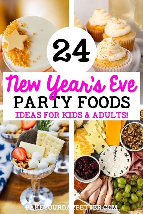 These new year's eve themed party foods are great for kids and adults alike! Kid friendly new year's eve foods plus plenty of recipes for adults too! new year's eve food, food ideas for new year's eve, new year's eve food for kids, food for new year's eve, fun new year's eve food New Year’s Eve Party Ideas For Kids, New Years Eve Kids Party Ideas, Nye Party Food Ideas, New Years Eve Treats, Kids New Years Eve Party Ideas, Noon Years Eve Party, New Years For Kids, Nye Treats, New Years Eve Party Food