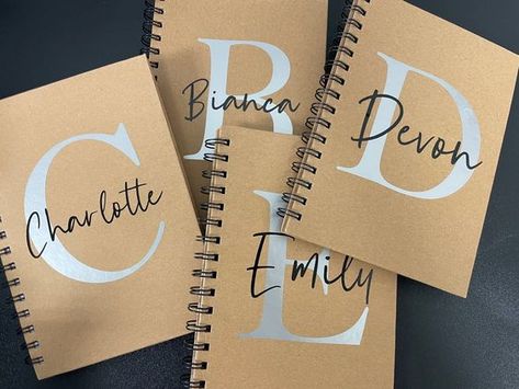 Name For Notebooks Design, Customized Notebooks Cover, Personalised Notebook Cover, Cricut Journal Cover Ideas, Cricut Notebook Cover, Cricut Notebook Cover Ideas, Note Book Design Cover Ideas, Brown Lined Paper, Destination Wedding Bridesmaid Gifts