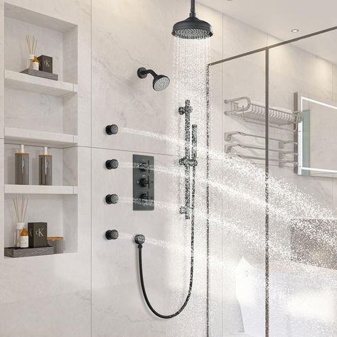 $315,99 Shower Head With Body Jets, Tile Shower With Body Jets, Shower With Jets Master Bath, Body Jets Bathroom, Shower With Multiple Showerheads, Modern Shower Head Ideas, Shower Jets Walk In, Shower With Jets, Waterfall Shower Bathroom