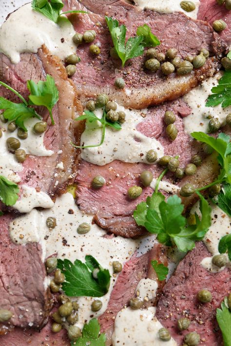 Rare Roast Beef with Tonnato « Iron Chef Shellie Lunch Spread, Rare Roast Beef, Beef Rump, Cooking Fails, Crunchy Potatoes, What Is For Dinner, Long Lunch, Leafy Salad, Iron Chef