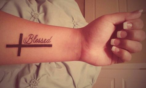 Absolutely in love with my new tattoo. Simple cross with the word "blessed." Girl Cross Tattoos, Love Wrist Tattoo, Blessed Tattoo, Blessed Tattoos, Meaningful Wrist Tattoos, Script Tattoo, Cross Tattoos For Women, Quote Tattoos, Cross Tattoos