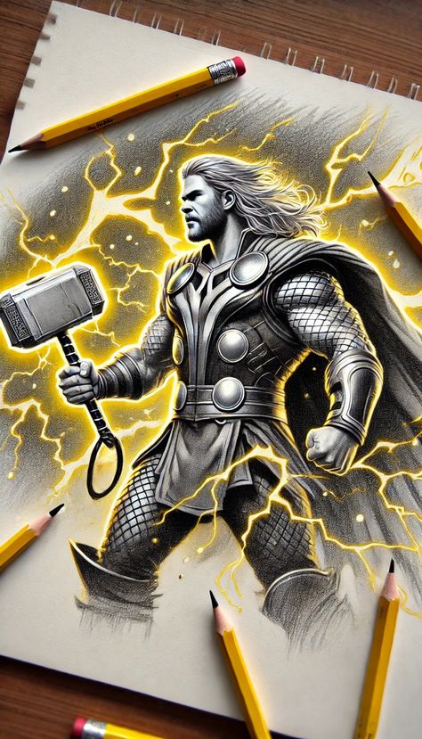 Thor Drawing Sketches, Thor Drawing, Luna Tattoo, Avengers Tattoo, Marvel Art Drawings, Art Charcoals, Thor Art, Marvel Character Design, Colour Drawing