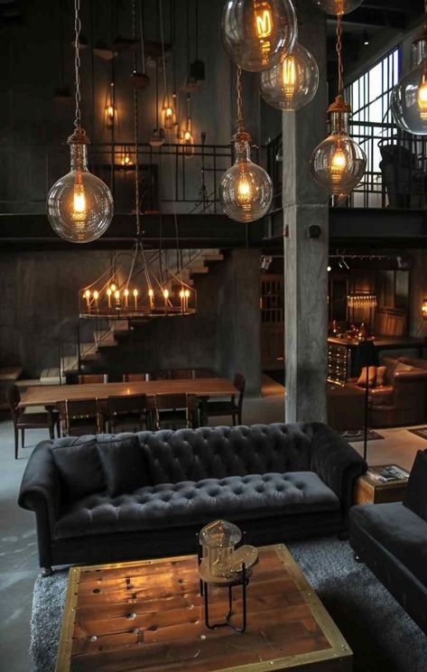 #Industrial #Decor #DecorInspiration #DecorTips #Style #Appeal #Exploring #the #Raw #HomeDecorating #of #HouseGoals Industrial Chic Lighting, Industrial Lounge Room, Warehouse Airbnb, Warehouse Workspace, Mahogany Aesthetic, Industrial Chic Living Room, Style Living Room Ideas, Industrial Style Interior Design, Industrial Apartment Decor