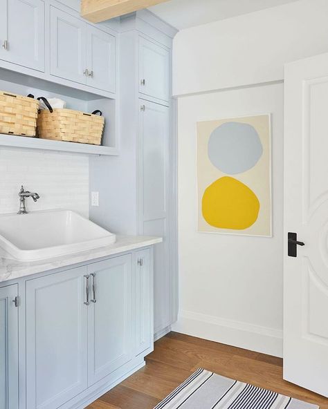 Cabinet color is Sleepy Blue from Sherwin-Williams, Laundry Room Design Paint Colors, Yellow Kitchen Cabinets, Pretty Closets, Laundry Room Paint Color, Landry Room, Laundry Room Paint, Laundry Room Colors, Small Bathroom Colors, Painting Room