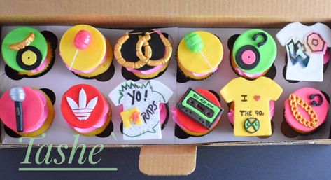 90s Hip hop cupcakes,  yo MTV raps cupcakes, old school cupcakes 30th Birthday Cake 90s Theme, 90s Themed 30th Birthday Party Cake, 90s Hip Hop Cupcakes, 90210 Party Theme, 90s Cupcake Toppers, Yo Mtv Raps, 27 Birthday, School Cupcakes, 32nd Birthday