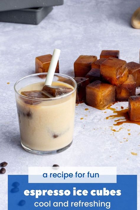 Espresso ice cubes are scattered on a countertop next to a homemade coffee beverage. Coffee Ice Cubes Recipe, Homemade Espresso, Ice Cube Recipe, Simple Syrups, Coffee Ice Cubes, Coffee Beverages, Coffee Ice, Easy Coffee, Beverage Recipes