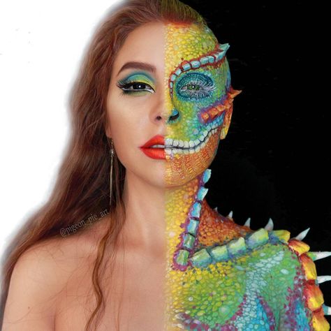 740 Likes, 17 Comments - Pigeon Pie (@pigeon_pie_art) on Instagram: “Chameleon for #nextfaceofmehron and yes I cant edit hair onto a white background for shit. Note…” Chameleon Makeup, Pigeon Pie, Alien Women, Pie Art, Halloween Make-up Looks, Spfx Makeup, Pies Art, Zombie Walk, Effects Makeup