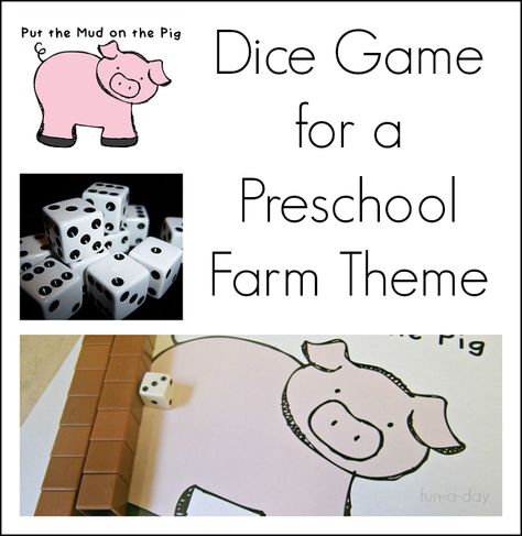 Children explore math concepts with a dice game that's silly and fun - "put the mud on the pig!" Great for a preschool, kindergarten, or homeschool farm theme. Includes free printable. Old Mcdonald Preschool Activities, Preschool Farm Theme, Farm Unit Preschool, Farm Math, Doreen Cronin, Preschool Farm, Farm Animals Preschool, Farm Theme Preschool, Preschool Math Games