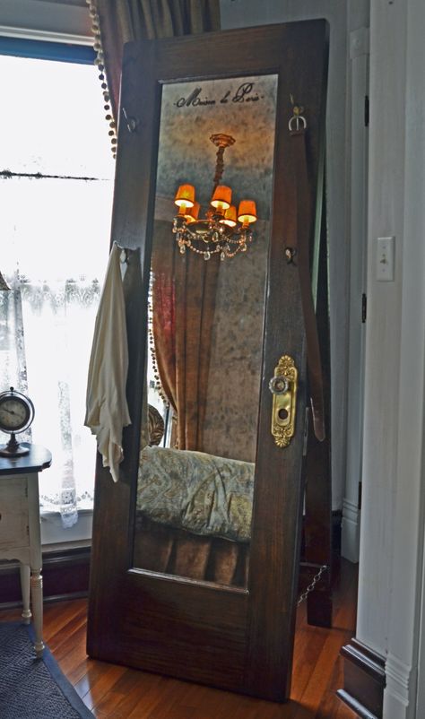 Creative Ways to Upcycle, Reclaim, Repurpose and Reuse Old Doors – CCD Engineering Ltd Vintage Doors Repurposed, Mirror Repurpose, Old Closet Doors, Doors Repurposed, Mirror With Hooks, College Apartment Decor, Vintage Doors, Old Door, Standing Mirror