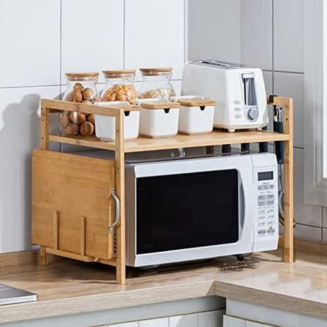 Kitchen Countertop Storage, Organiser Cucina, Countertop Shelf, Microwave Stand, Seasoning Rack, Microwave In Kitchen, Countertop Storage, Solid Wood Shelves, Wood Countertops