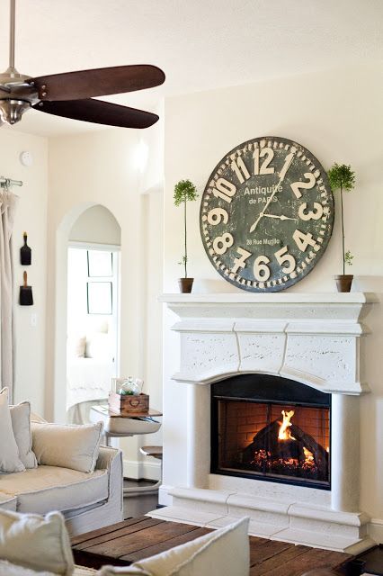 A beautiful,Little Cottage on the Pond.... Clock Over Fireplace, Little Cottage House, Farmhouse Fireplace Mantels, Large Clocks, Clock Ideas, Living Vintage, Farmhouse Fireplace, Painted Cottage, Little Cottage