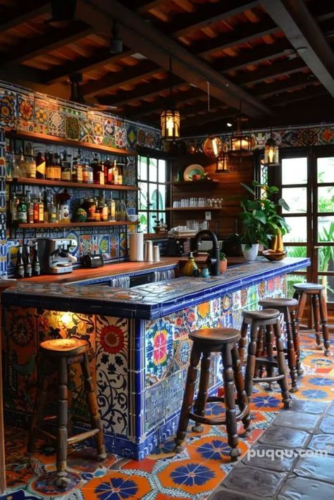 Mexican Tile Kitchen, Mexico Kitchen, Mexican Style Kitchens, Spanish Style Kitchen, Hacienda Style Homes, Mexican Kitchens, Bohemian Kitchen, Handcrafted Tile, Mexican Home Decor