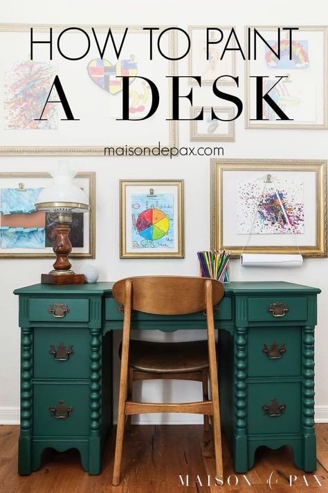 Diy Painting Desk, Painting A Desk, Paint Wooden Desk, Painted Antique Desk, Antique Desk Makeover, Diy Wooden Desk, Chalk Paint Desk, Dark Wood Desk, Desk Makeover Diy