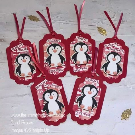 Stampin Up Gift Wrapped Stamp Set, Christmas Gift Tags Stampin Up, Surfing Card, Penguin Christmas Cards, Christmas Tags Handmade, Tags Stampin Up, Penguin Cards, Papercraft Christmas Cards, Xmas Gift Tags