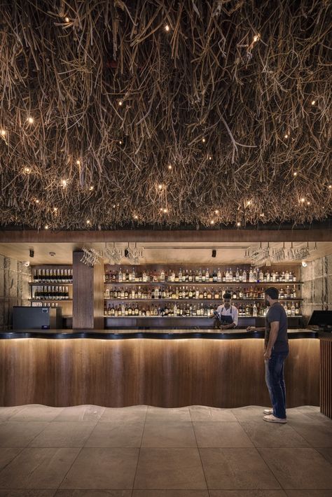 Bohemian Bar, Bamboo Chandelier, Vernacular Architecture, Bohemian Aesthetic, Hells Kitchen, Loop Design, Material Palette, Bohemian Interior, Interior Aesthetic