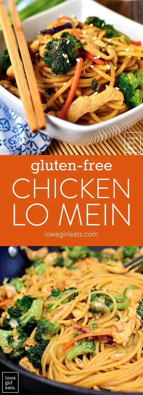 No need to order take out when you can make Gluten-Free Chicken Lo Mein at home! These saucy, slurpy noodles really satisfy. | iowagirleats.com Gluten Free Chinese Food, Vegetarian Chinese Recipes, Gluten Free Chinese, Chicken Lo Mein, Gluten Free Dinners, Lo Mein Recipes, Homemade Chinese Food, Iowa Girl Eats, Lo Mein