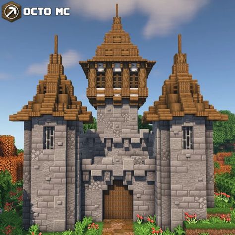 Mini Castle Minecraft Ideas, Minecraft Gate House, Minecraft Castle Gate, Minecraft Gate Ideas, Minecraft Gate, Minecraft Small Castle, Minecraft Fortress, Avatar Tree, Medieval Builds