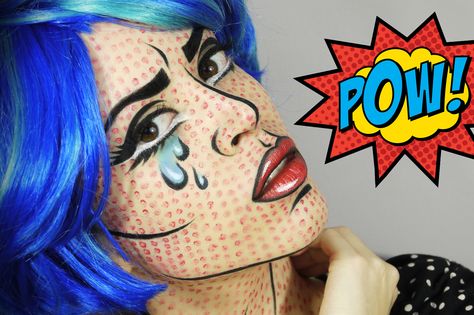 Pop Art/Comic Book Makeup Tutorial: https://www.youtube.com/watch?v=qpOxGp69shI Comic Book Makeup Tutorial, Pop Art Makeup Tutorial, Comic Book Halloween, Comic Book Makeup, Comic Makeup, Pop Art Costume, Maquillage Halloween Simple, Art Costumes, Pop Art Lips