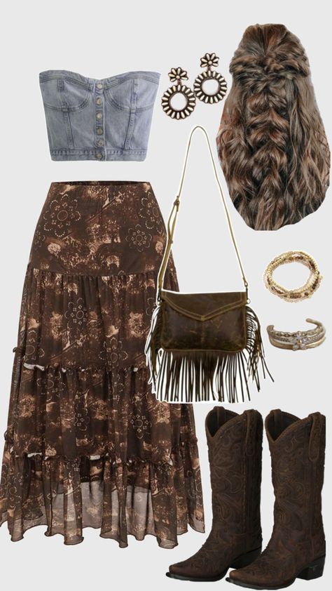 Brown floral maxi skirt, denim vest top, brown fringe crossbody bag, western earrings, brown cowgirl boots, braided hairstyle Western Outfits Fall, Denim Vest Top, Maxi Skirt Denim, Boho Style Summer, Summer Country Concert Outfit, Country Chic Outfits, Brown Cowgirl Boots, Summer Country, Brown Fringe