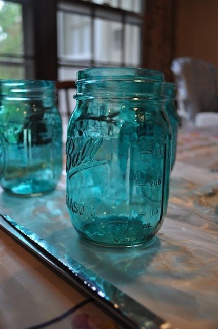 Using Modge Podge, Tinted Mason Jars, Mason Jar Projects, Blue Mason Jars, Elmer's Glue, Mason Jar Crafts Diy, Modge Podge, Jar Diy, Mason Jar Crafts