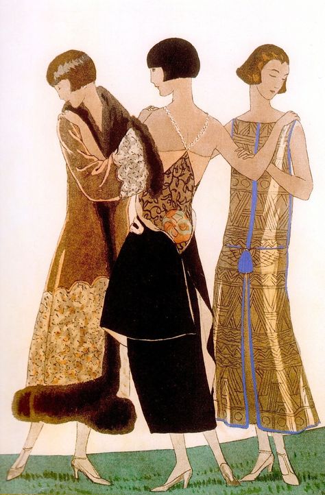 'The Three Graces' Evening Dresses by Paul Poiret.  Illustration (detail)  by André Edouard Marty 1924. for Gazzette du Bon Ton  (from Art Deco the Golden Age of Graphic Art & Illustration by Michael Robinson & Rosalind Ormiston 2013) please follow minkshmink on pinterest) #flapper #twenties #jazzera #artdeco #fan #eveningdress Art Deco Fashion Illustration, Style Année 20, Flapper Art, Paul Poiret, Art Deco Illustration, Three Women, Art Deco 1920s, Three Graces, Illustration Art Girl