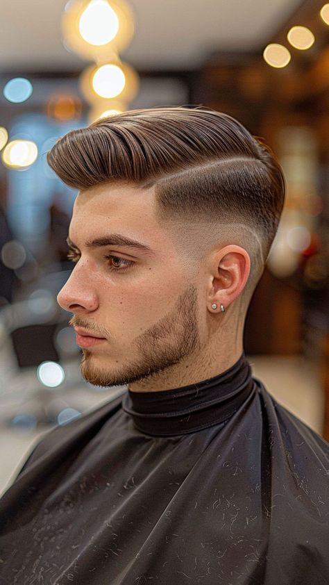 24 Pompadour Hairstyles to Enhance Your Appearance Mens Pompadour, Messy Pompadour, Short Pompadour, Gentleman Haircut, Shaved Designs, Shaved Design, Modern Pompadour, Pompadour Style, Pompadour Hairstyle