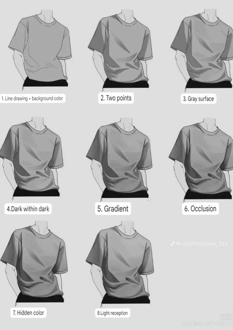 T Shirt Folds Reference, Clothing Art Reference Male, Tshirt Folds Reference, Baggy Clothes Sketches, Male Outfit Sketch, How To Draw A Baggy Shirt, Shirt Folds Drawing, Shading Clothes Digital, Clothes Rendering Tutorial