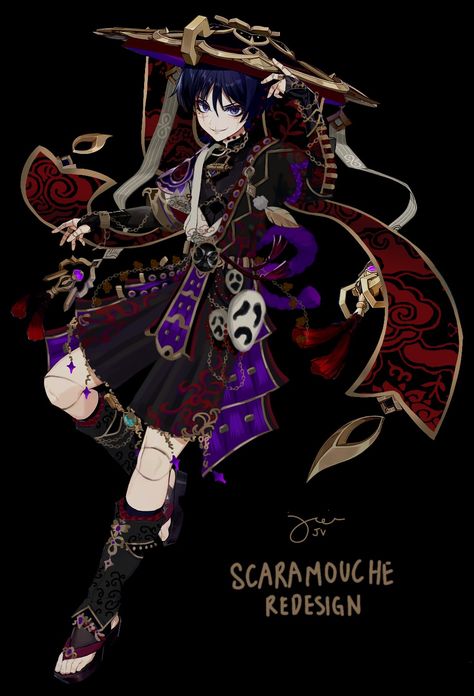 Wanderer, scaramouche, character design, redesign, genshin impact Genshin Impact Character Design Sheet, Xingqiu Redesign, Honkai Star Rail Inspired Outfits, Skirk Redesign, Scaramouche Hat Reference, Genshin Character Redesign, Casual Scaramouche, Wanderer Redesign, Scaramouche Clothes