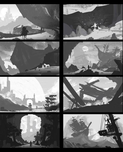 composition study #1 #2, taehoon kang on ArtStation at https://www.artstation.com/artwork/4KkZL Composition Environment, Landscape Thumbnails, Painting Fundamentals, Composition Tutorial, Ron Cobb, Composition Study, Concept Art Landscape, Value Painting, Composition Drawing