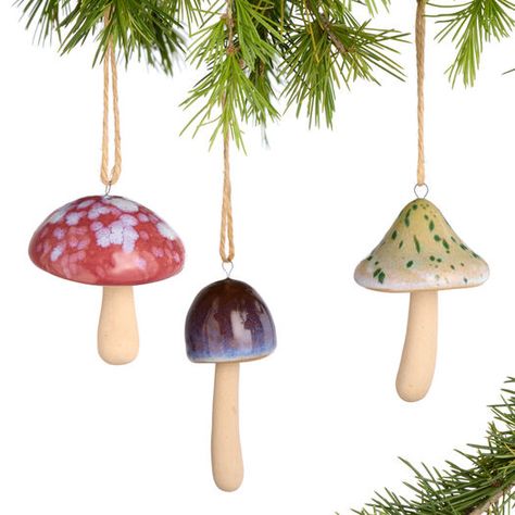 Ceramic Mushroom Ornaments Set of 3 by World Market Ceramic Animal Ornaments, Christmas Tree Mushrooms, Ceramic Place Card Holders, Christmas Ceramic Decorations, Ceramic Ornament Ideas, Ceramic Tree Ornaments, Ceramic Ornaments Diy, Diy Ceramic Ornaments, Winter Ceramics