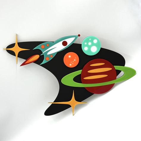 "Handcrafted, three-dimensional wall art for your Mid Century Modern home! Featuring multiple, precision-cut acrylic layers with a rocket, planets and stars, this retro boomerang wall art truly pops and is sure to complement your space age decor for a lifetime! 🚀 It measures 20\"W x 12.5\"H and includes an installation template and hidden \"float-mount\" hardware for easy installation. The art is designed to stand off of the wall 1/2 inch for added dimension and shadowing. Please note that this does require drilling into the surface of your wall, using the hardware that we provide. The cast acrylic is very durable and well suited for indoor or outdoor use as it can sustain high levels of UV light, extreme cold, heat, and even saltwater without its structural integrity being compromised. 50s Futurism, Minimalist Bohemian Living Room, Space Age Decor, Atomic Age Decor, Space Age Art, Atomic Age Design, Throw Pillow Combinations, Atomic Decor, Wall Art Space