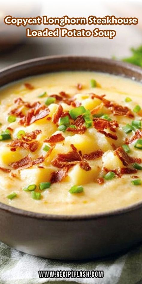 Dreaming of a deliciously loaded potato soup? This Copycat Longhorn Steakhouse Loaded Potato Soup Recipe is packed with flavor and easy to make at home! Treat yourself to a bowl of comfort. Save this recipe for your collection of must-try soup recipes! Longhorn Copycat Recipes, Loaded Potato Soup Recipe, Copycat Longhorn, Longhorn Steakhouse, Loaded Potato Soup, Cheddar Cheese Soup, Creamy Recipes, Soup Broth, Loaded Potato