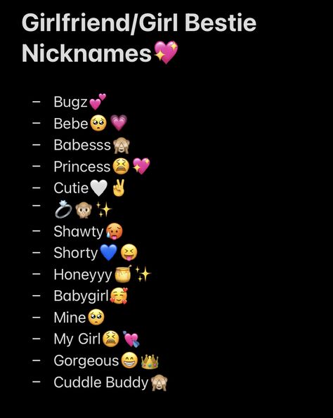 Hot Boyfriend Nicknames, Couple Nicknames Ideas Girlfriend, Cute Nicknames For Bestie, Nicknames For Sneaky Link, Couple Nicknames Ideas, Bff Nicknames Ideas, Couple Nicknames Ideas Boyfriends, Gf Nicknames, Nicknames For Friends With Benefits